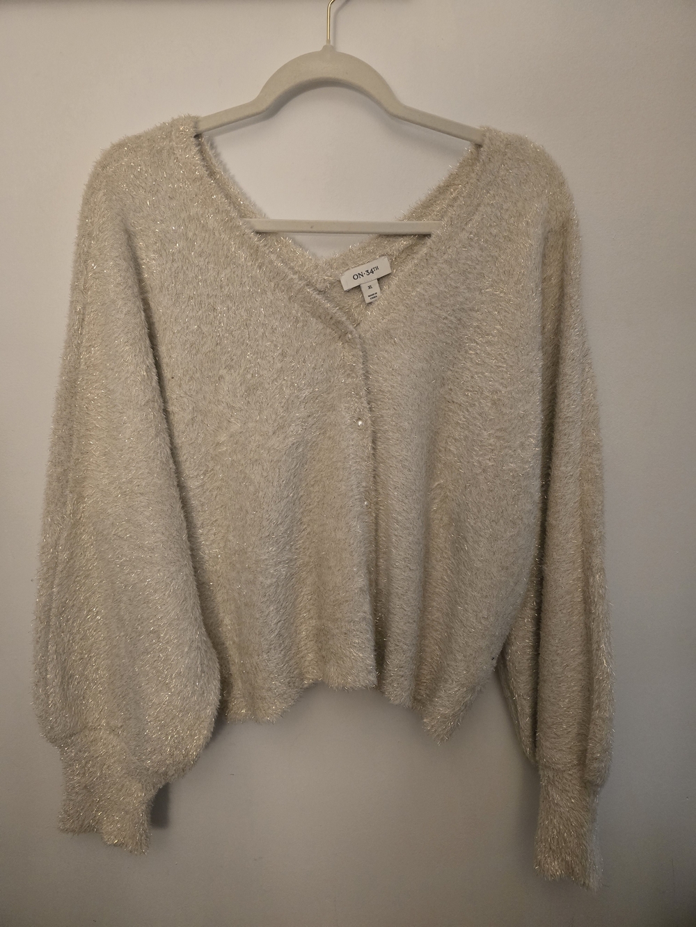 ON 34th Cream Sparkle V-Neck Fuzzy Sweater